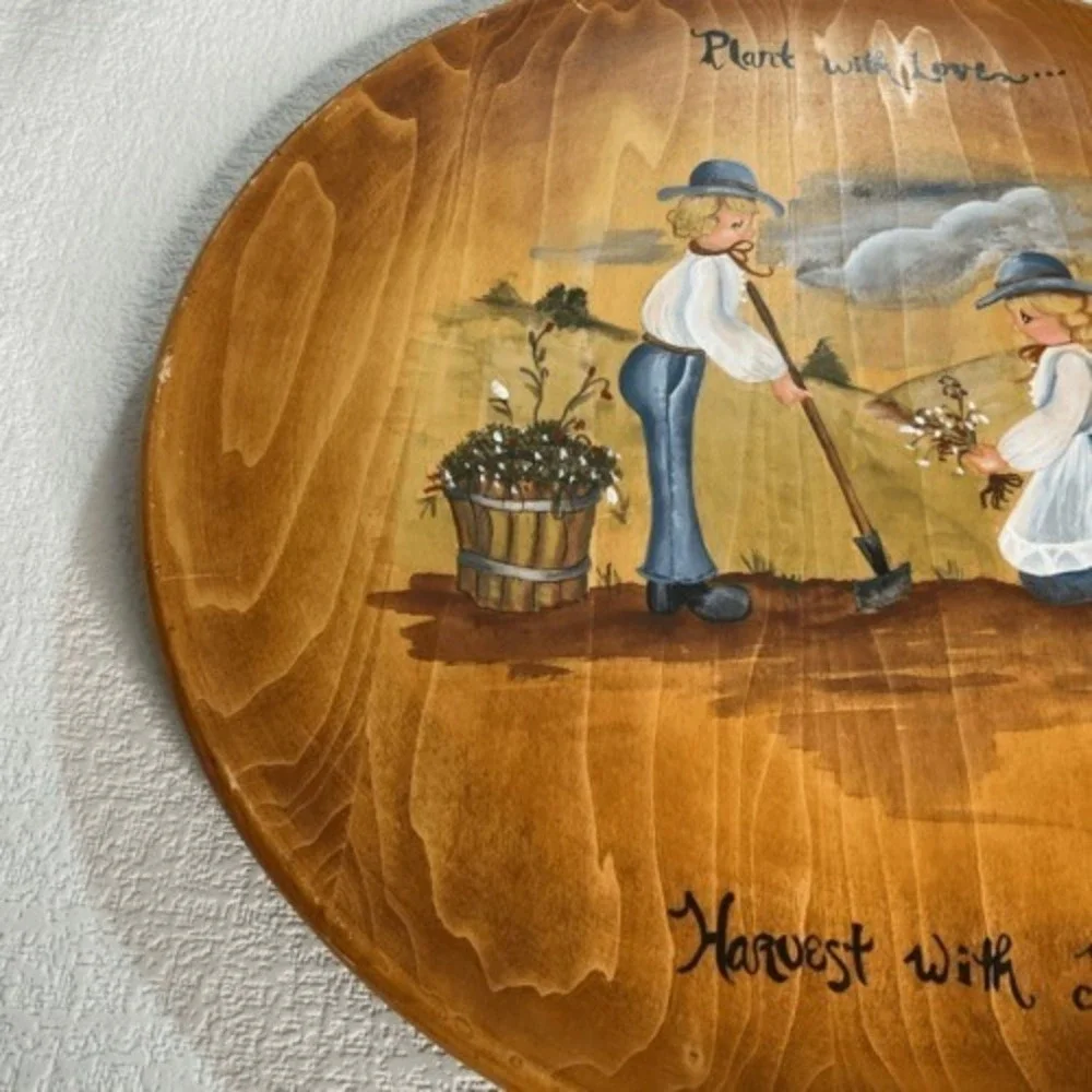 VTG 89's Folk Art Hand Painted Wooden Plate Plant with Love Harvest with Joy 14